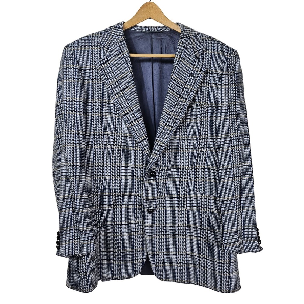 Vintage 70s Chester Barrie Houndstooth Cashmere Blazer 42S Blue Gray Double Vent